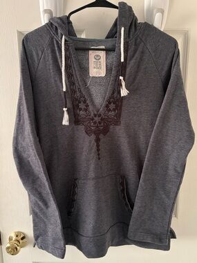 Roxy Dark Gray Hooded Pullover with Subtle Embroidered Tag Detail